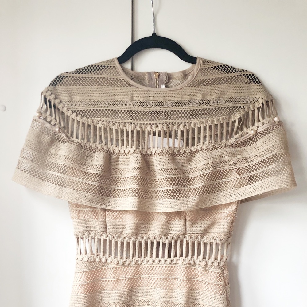 Lace Nude Midi Tier Short Sleeve Ruffle Cape Dress